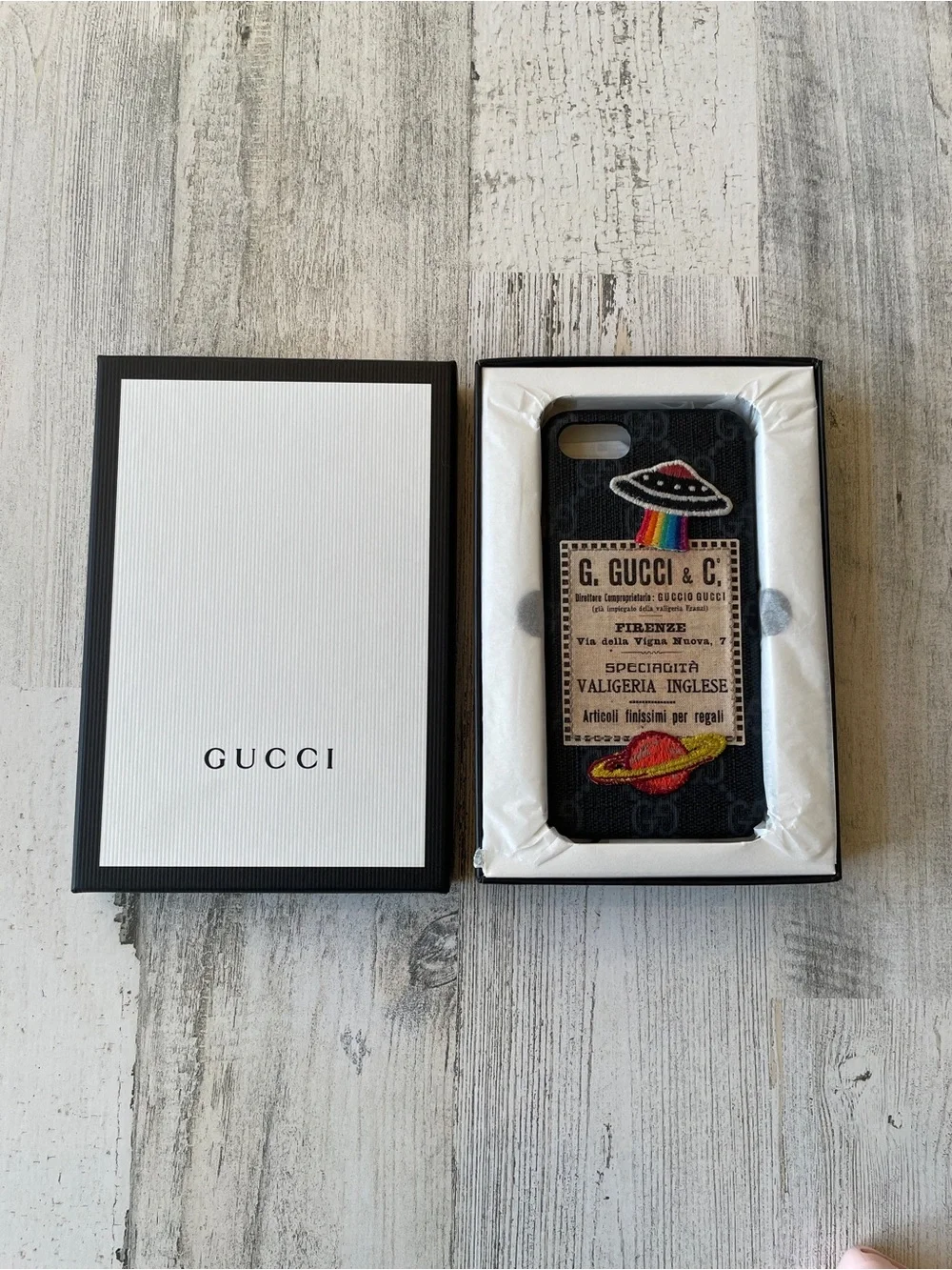 Gucci Black Embroidered UFO & Planet Patch GG IPhone 7/8/SE Case NEW